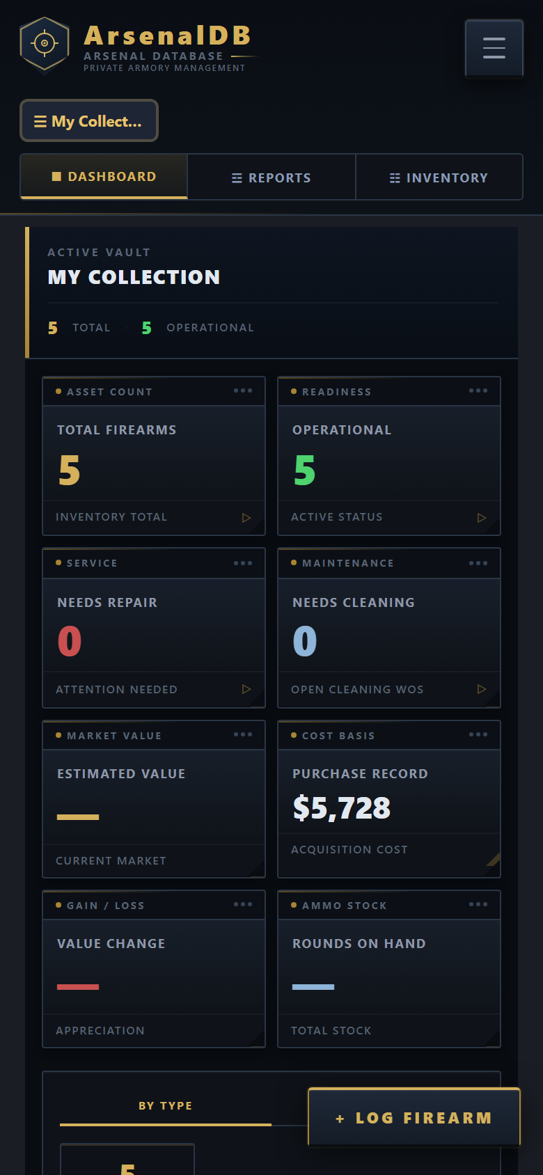 ArsenalDB dashboard showing a demo collection: 5 firearms, readiness, maintenance, and value tracking
